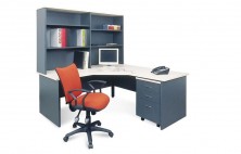 90 Degree Workstation, Mobile Pedestal, Overhead Bookcase